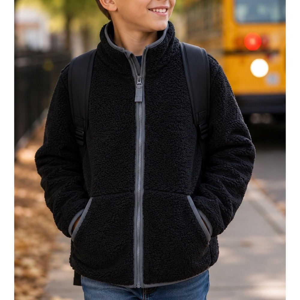 Cat & Jack Kids Faux Shearling Jacket Black Full Zip Sherpa Fleece M 8 NWT
